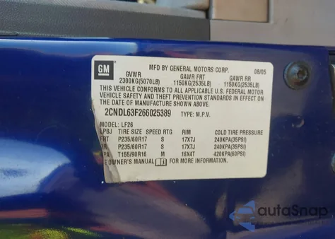 2006 Chevrolet Equinox Lt from USA, damaged, VIN 2CNDL63F266025389